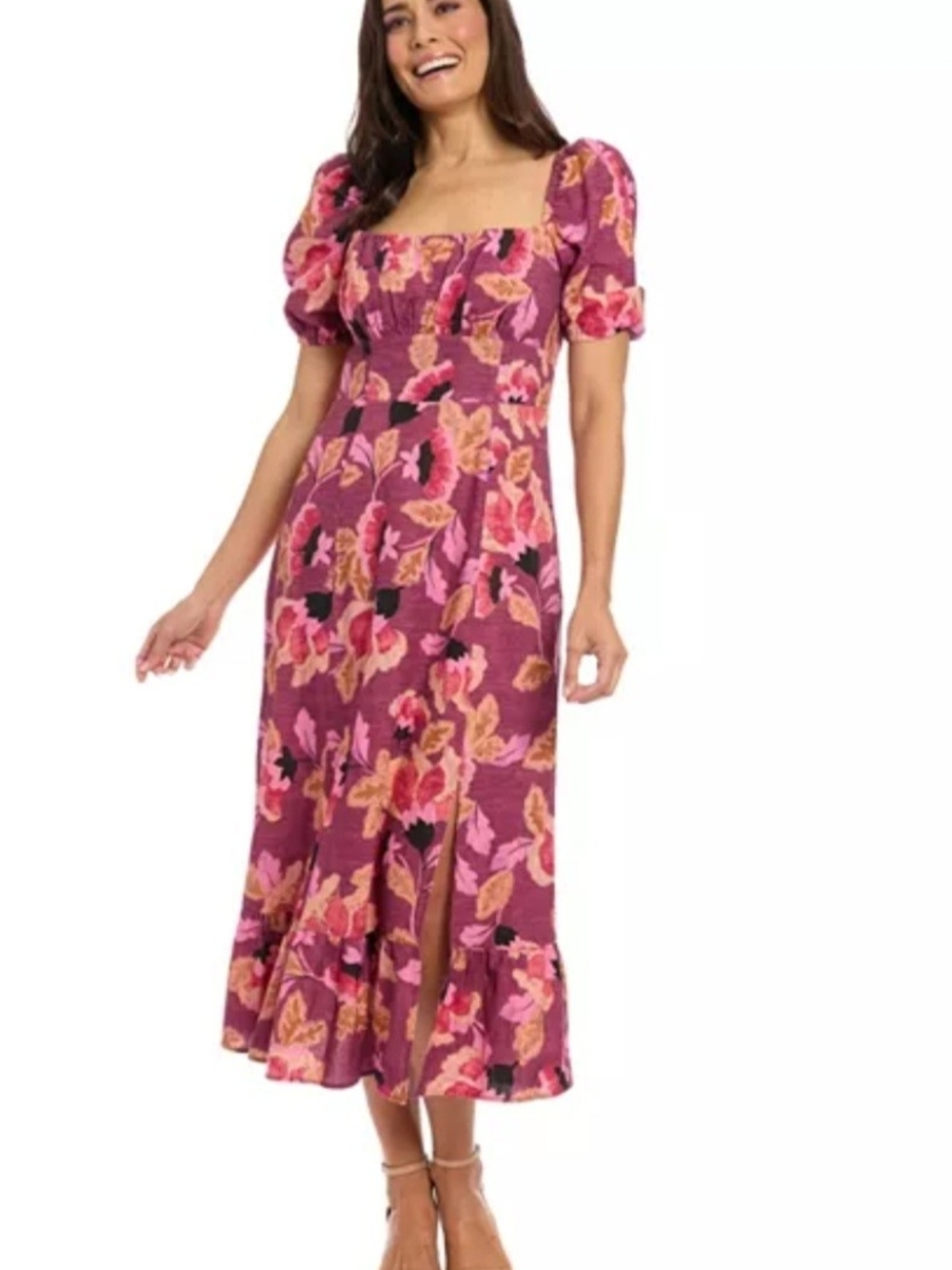 London Times Kridtin Floral Puff-Sleeve Midi Dress